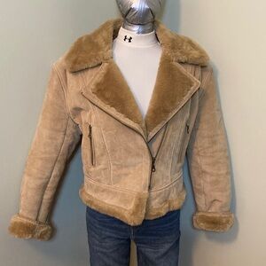 Daniel Hechter Beige Leather Faux Fur Bomber Jacket